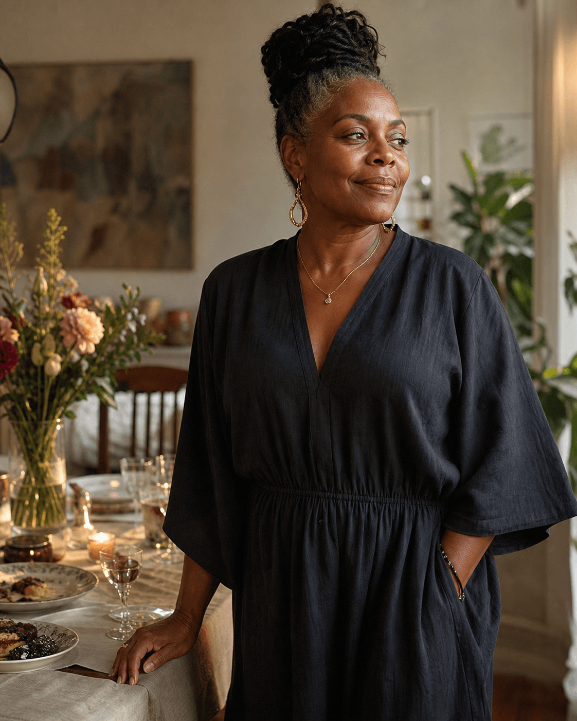 A woman standing quietly after an intimate milestone celebration