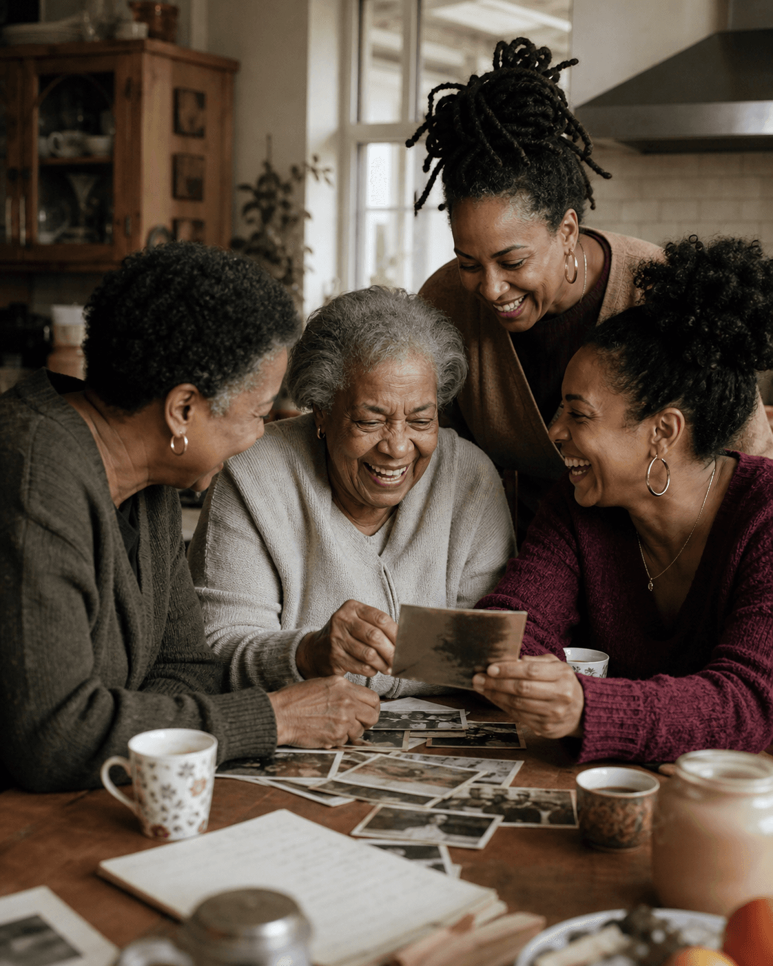 A family sharing memories around a table of old photographs